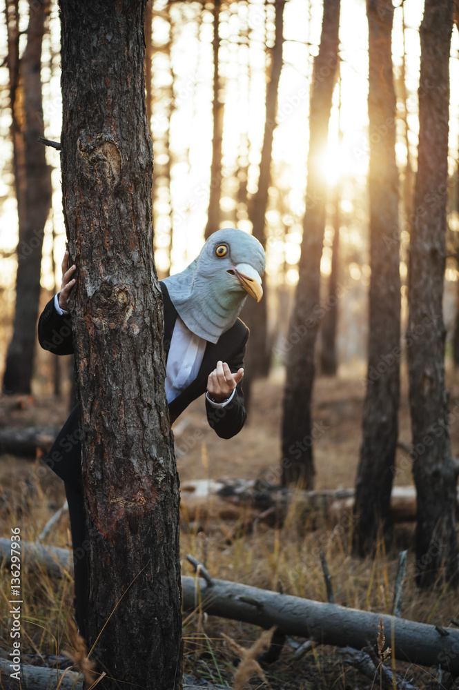 Creepy man in a suit and a rubber bird mask, standing in the sunset forest, behind the tree, waving to the camera Creepy man in a suit and a rubber bird mask, standing in the sunset forest, behind the tree, waving to the camera