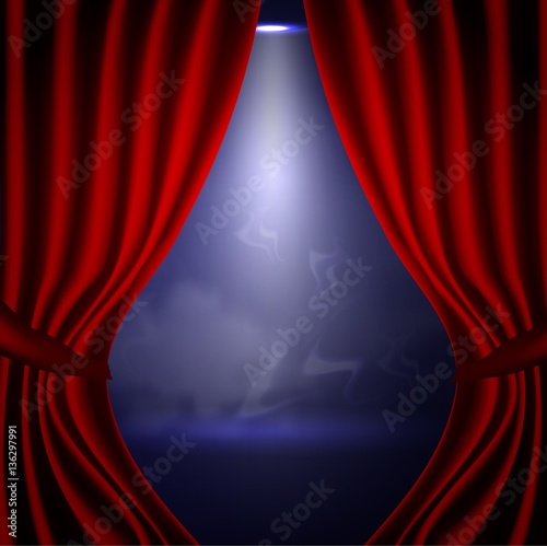 A scene with a red curtain and festive illuminations,