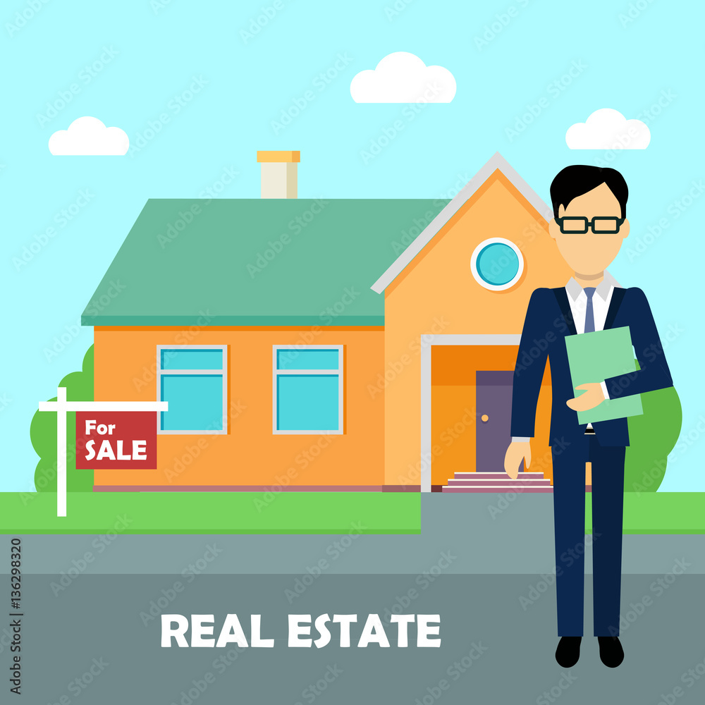 Real estate broker at work. Building for sale Real estate broker at work. Building for sale