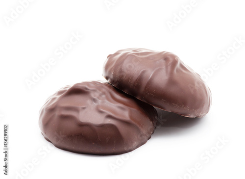 chocolate covered marshmallows on white background