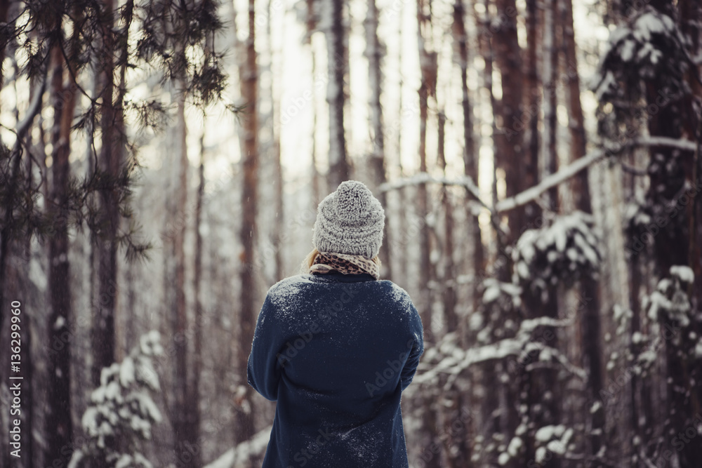 Fototapeta premium Beautiful young woman in the winter snowy forest