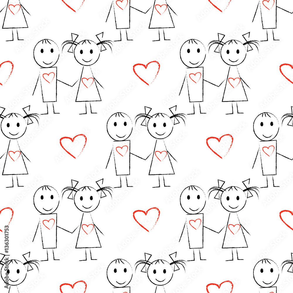 Seamless pattern with hand drawn couple with red hearts. Valentine's day concept. Cute couple in love Seamless pattern with hand drawn couple with red hearts. Valentine's day concept. Cute couple in love