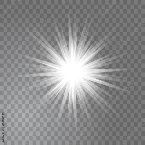 Bright glowing light sun burst on transparent background. Glitter star effect decoration with ray sparkles for your design. Vector illustration