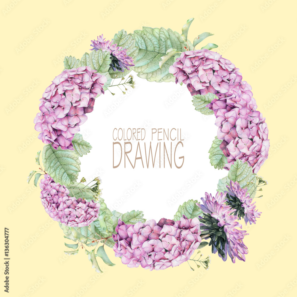 Round frame with beautiful spring flowers and plants drawn by hand with colored pencils. Pencil drawing. Place for text. Can be used as postcard, illustration Round frame with beautiful spring flowers and plants drawn by hand with colored pencils. Pencil drawing. Place for text. Can be used as postcard, illustration