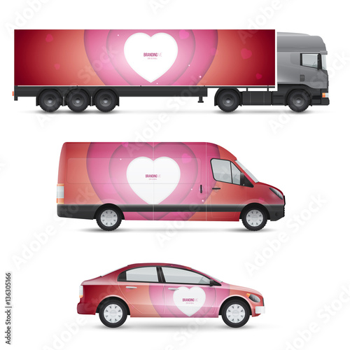 Set of design templates for transport. Mockup of passenger car, bus and van. Branding for advertising and corporate identity. Graphics elements.