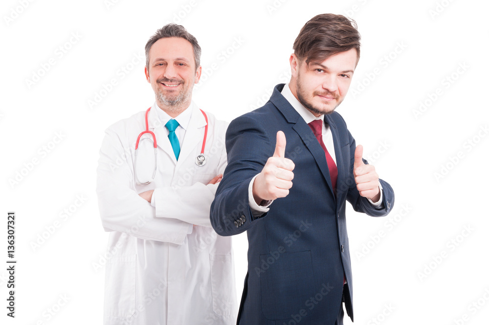 Satisfied happy male lawyer with medicine doctor Satisfied happy male lawyer with medicine doctor
