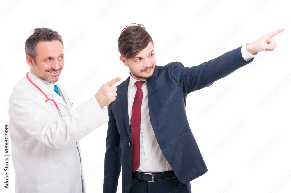 Friendly team with doctor or medic and businessman Friendly team with doctor or medic and businessman