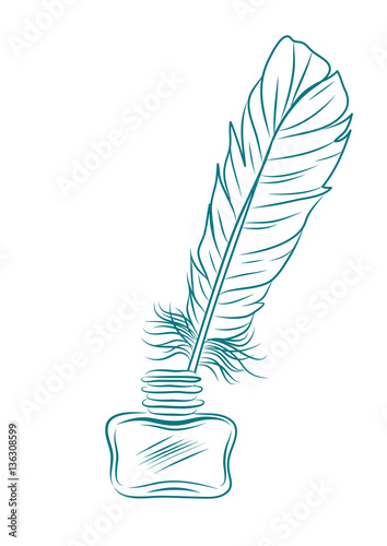 vector illustration of feather and inkpot isolated on white