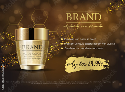Premium VIP cosmetic ads, hydrating luxury facial cream for sale. Rich dark brown and gold color cream mask bottle with gold particles isolated on glitter sparkles, gloss effect. 3D realistic vector