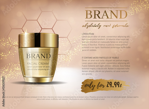 Premium VIP cosmetic ads, hydrating luxury facial cream for sale. Elegant beige and gold color cream mask bottle with gold particles isolated on glitter sparkles, gloss effect. 3D realistic vector