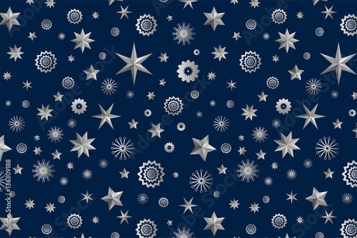 Glamour blue seamless texture background with stars and snowflakes. Vector illustration