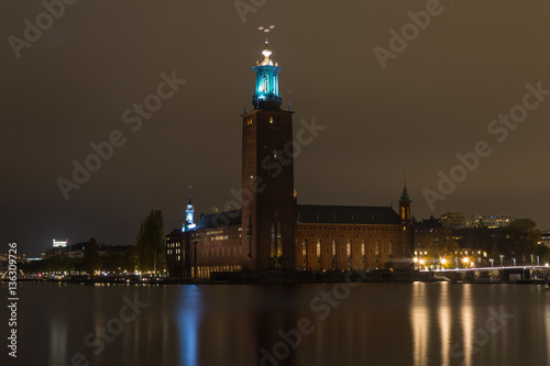 A view of the night city hall in Stockholm. Sweden. 05.11.2015