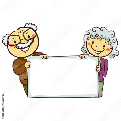 Vector Illustration of Stick Figures of Grandparents Holding a Blank Board