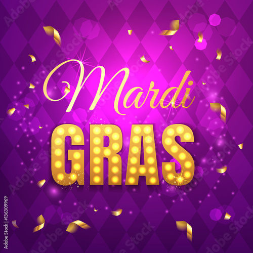 Vector typographical illustration of Mardi Gras beauty purple background with rhombus texture and multicolored festive flags, confetti. Celebration greeting card
