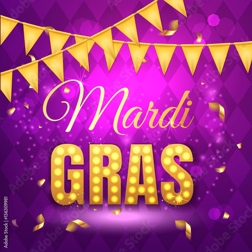 Vector typographical illustration of Mardi Gras beauty purple background with rhombus texture and gold festive flags, confetti. Celebration greeting card