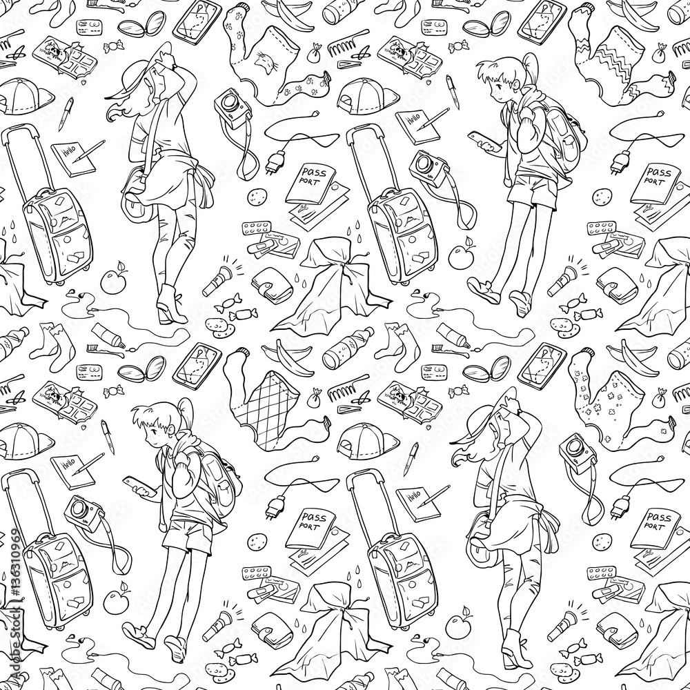 Obraz premium Illustration of two girls and different stuff for traveling. Seamless pattern for coloring. Black and white, anti-stress. Adult and children coloring books.