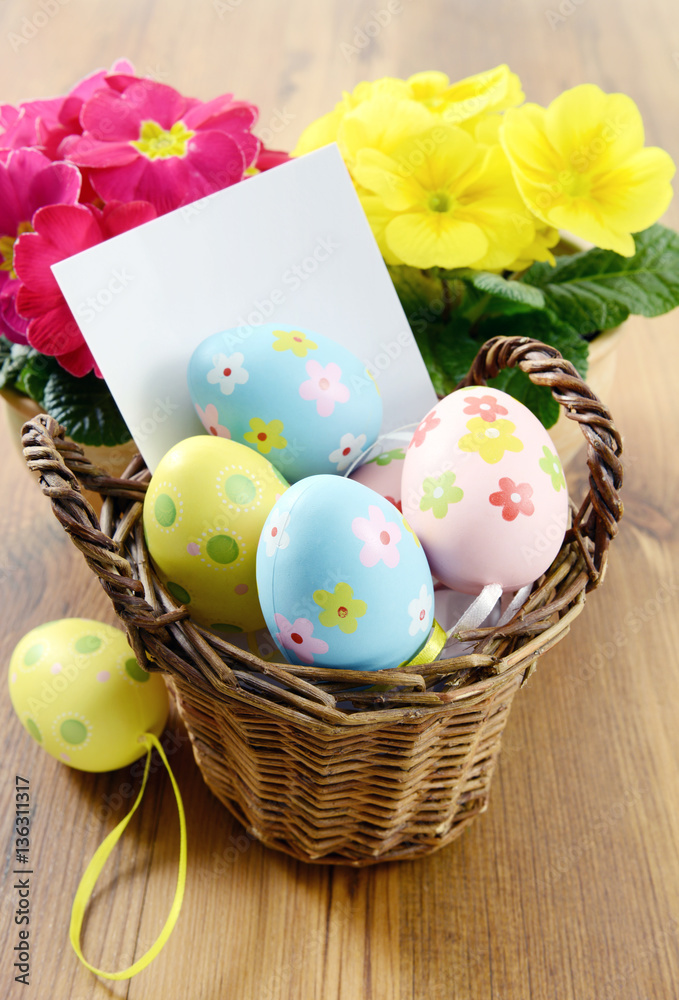 Easter eggs in a basket with notice paper copy space