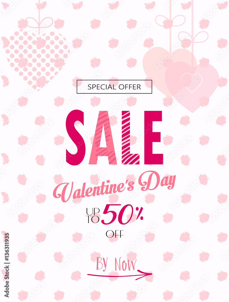 Sale discount banner for Valentines Day. Weekend Sale Vector Special offer poster with hearts, festive background. Love, poster, banner, Typography Gift card.