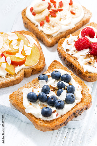 sweet toast with different toppings, vertical top view