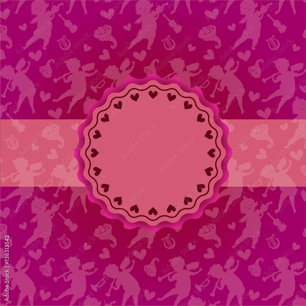 Card with angels , hearts, musical instruments pattern, red roset. Card with angels , hearts, musical instruments pattern, red roset.