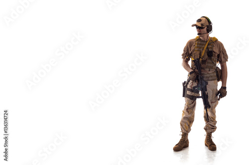 man military outfit a mercenary soldier in modern times on a white background in studio