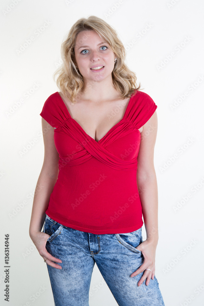 teenage girl in jeans with a red top teenage girl in jeans with a red top