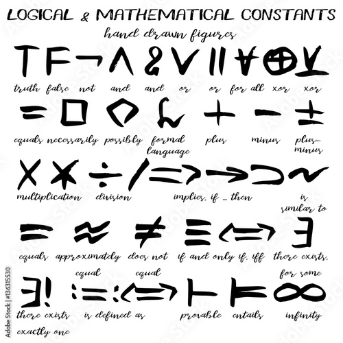 Hand drawn signs, written black figures of logical and mathematical constants in grunge technique. Vector illustration