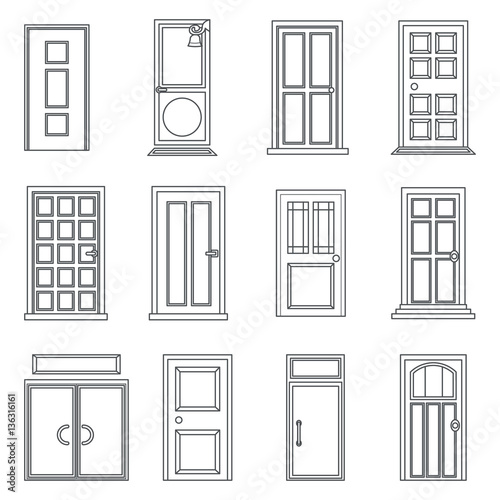 Lineart Old Doors Icons Set House Flat Design Isolated Vector Illustration
