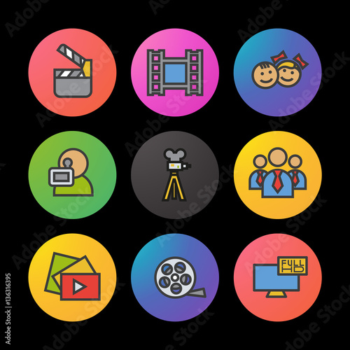 Filming color icons set. Movie clapperboard, video film, play button, videographer, children. Smart watch UI style.