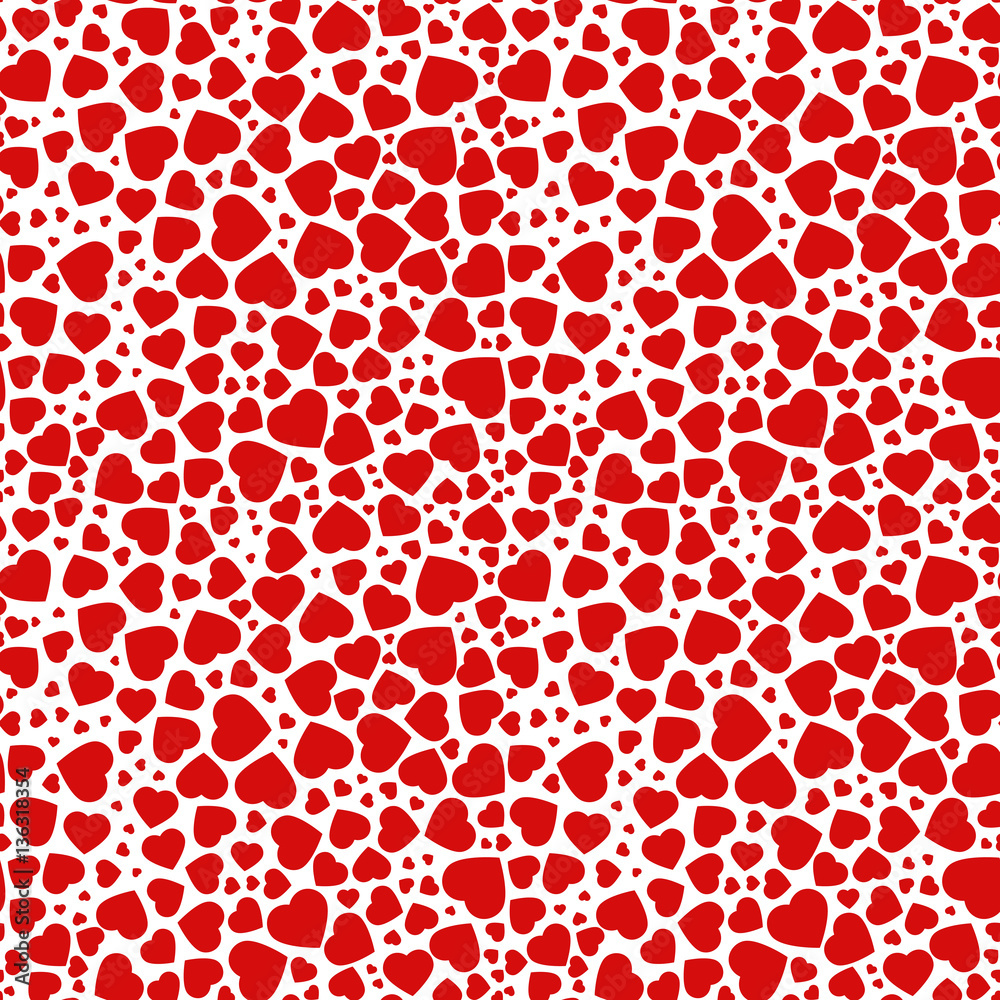 Red, purple heart, seamless pattern of the icons of hearts in different sizes. Background from flat red heart on a white background, template for greetings cards.