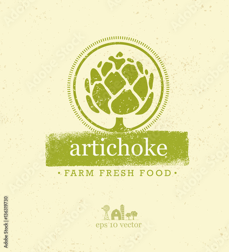 Artichoke Farm Fresh Food. Eco Green Vector Design Element With Grunge Background
