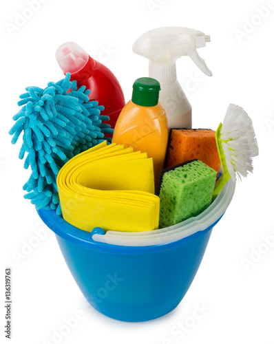 Bucket with cleaning items, top view