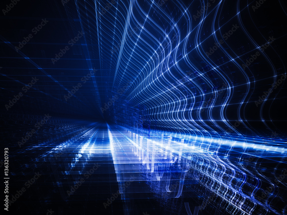 Obraz premium Abstract background element. Fractal graphics. Three-dimensional composition of glowing grids and wave forms. Information technology or science concept. Blue and black colors.