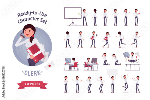 Ready-to-use business female clerk character set, different poses and emotions