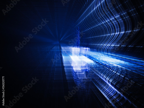 Abstract background element. Fractal graphics. Three-dimensional composition of glowing grids and wave forms. Information technology or science concept. Blue and black colors.