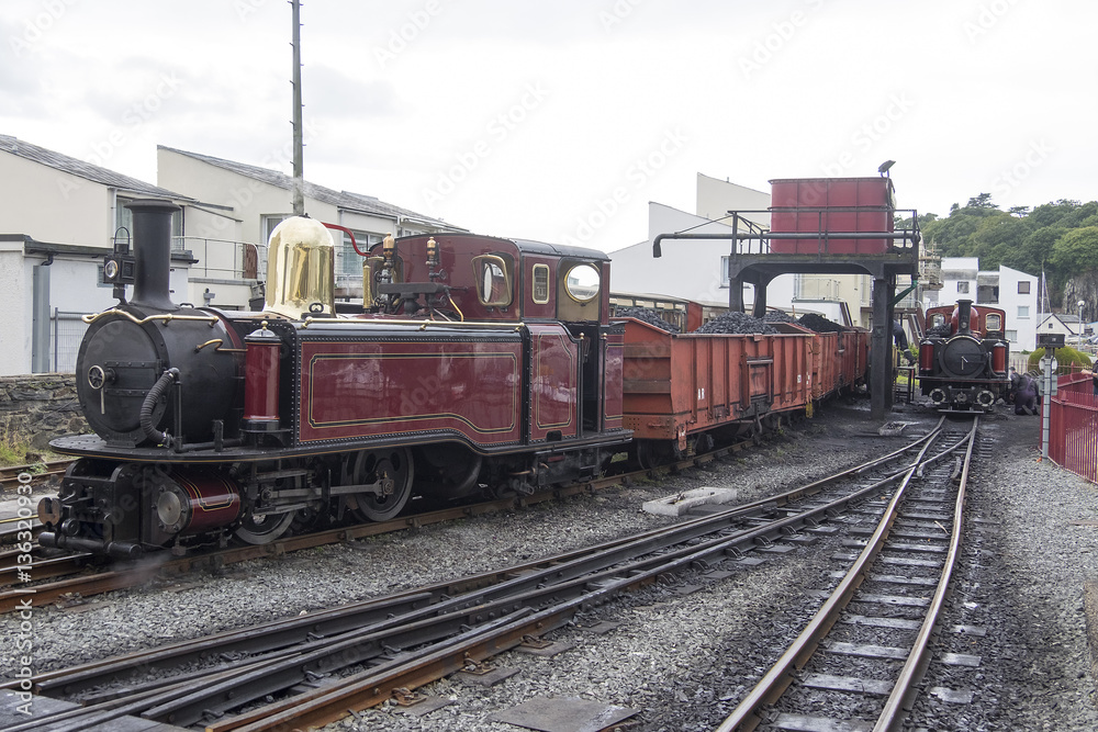 Narrow Gauge Steam Loco Taliesin, Sits with a coal train as David Lloyd George recieves attention in the sidings. Narrow Gauge Steam Loco Taliesin, Sits with a coal train as David Lloyd George recieves attention in the sidings.