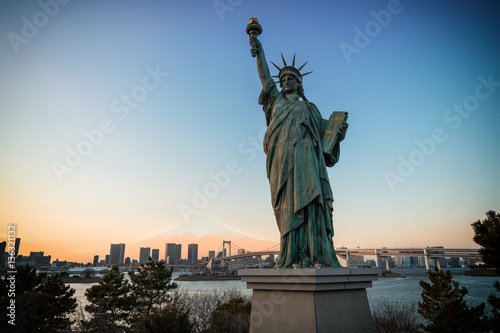 scene of Statue of Liberty and rainbow bridge and mount fuji - can use to display or montage on product
