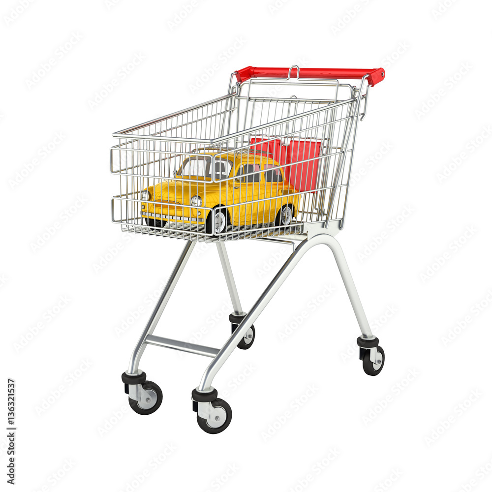 small retro car in the shopping trolley without shadow 3d small retro car in the shopping trolley without shadow 3d