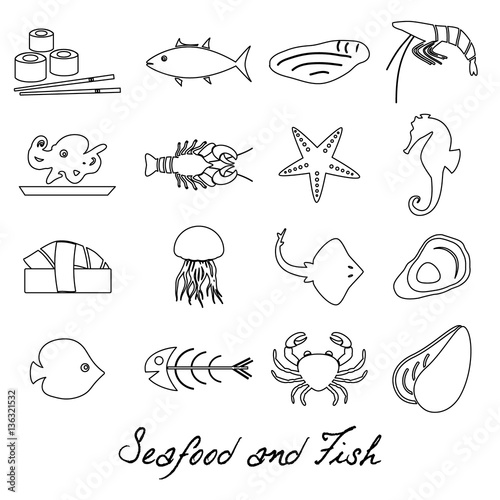 seafood and fish food set of simple outline icons eps10