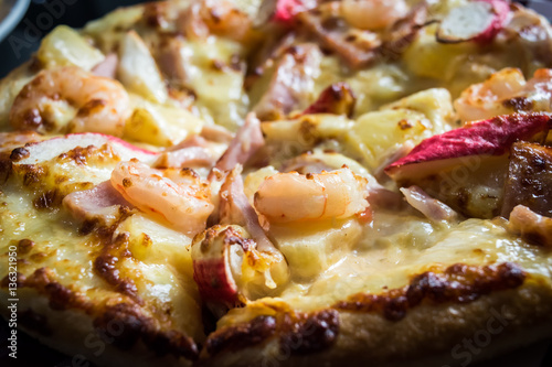 close up delicious italian seafood pizza with shrimp cheese praw