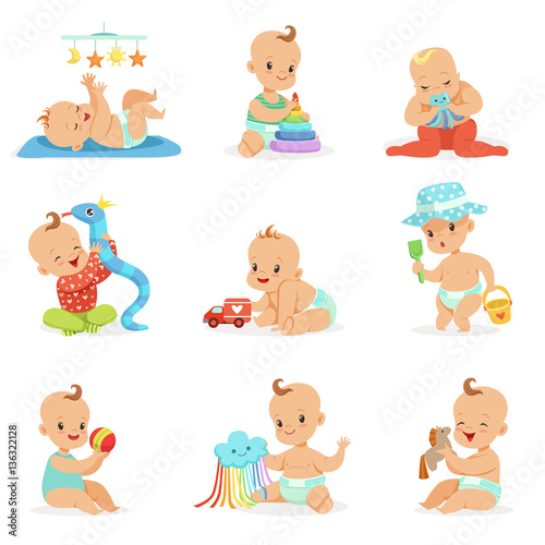 Adorable Girly Cartoon Babies Playing With Their Stuffed Toys And Development Tools Set Of Cute Happy Infants
