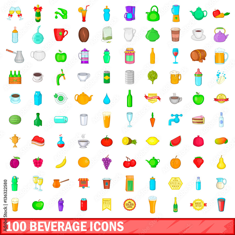 100 beverage icons set, cartoon style