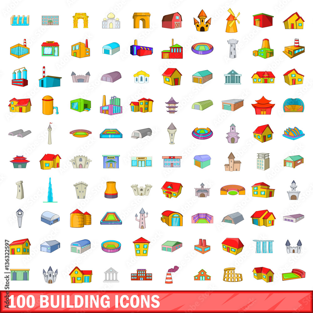 100 building icons set, cartoon style