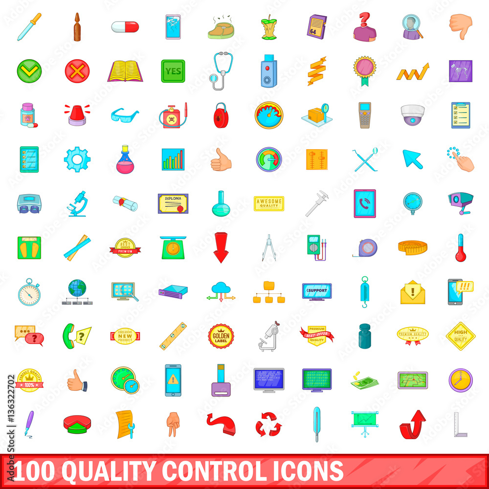 100 quality control icons set, cartoon style 100 quality control icons set, cartoon style