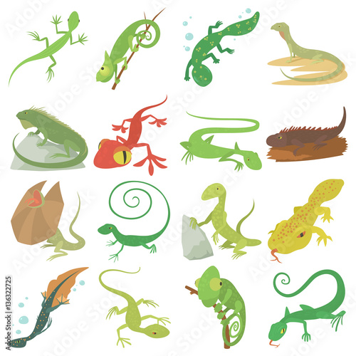 Lizard type animals icons set, cartoon style