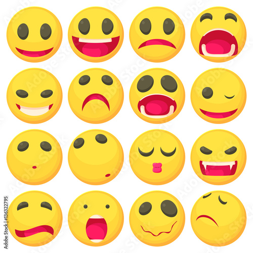 Yellow smiles fun icons set, cartoon style