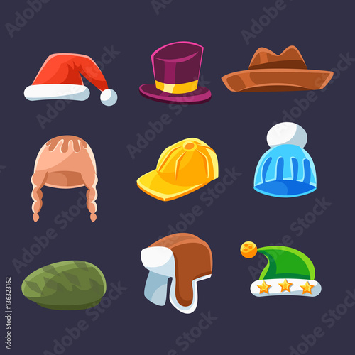 Different Types Of Hats And Caps, Warm And Classy For Kids And Adults Serie Of Cartoon Colorful Vector Clothing Items