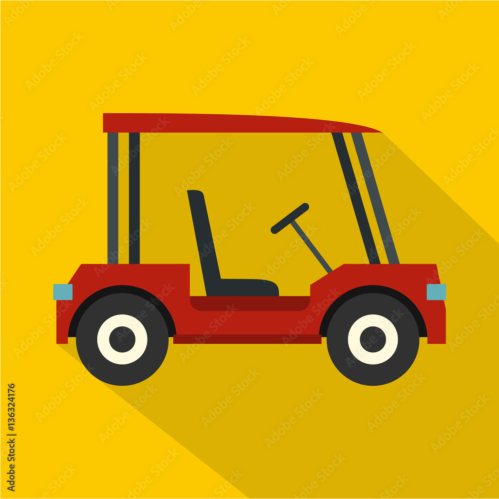 Red golf cart icon, flat style