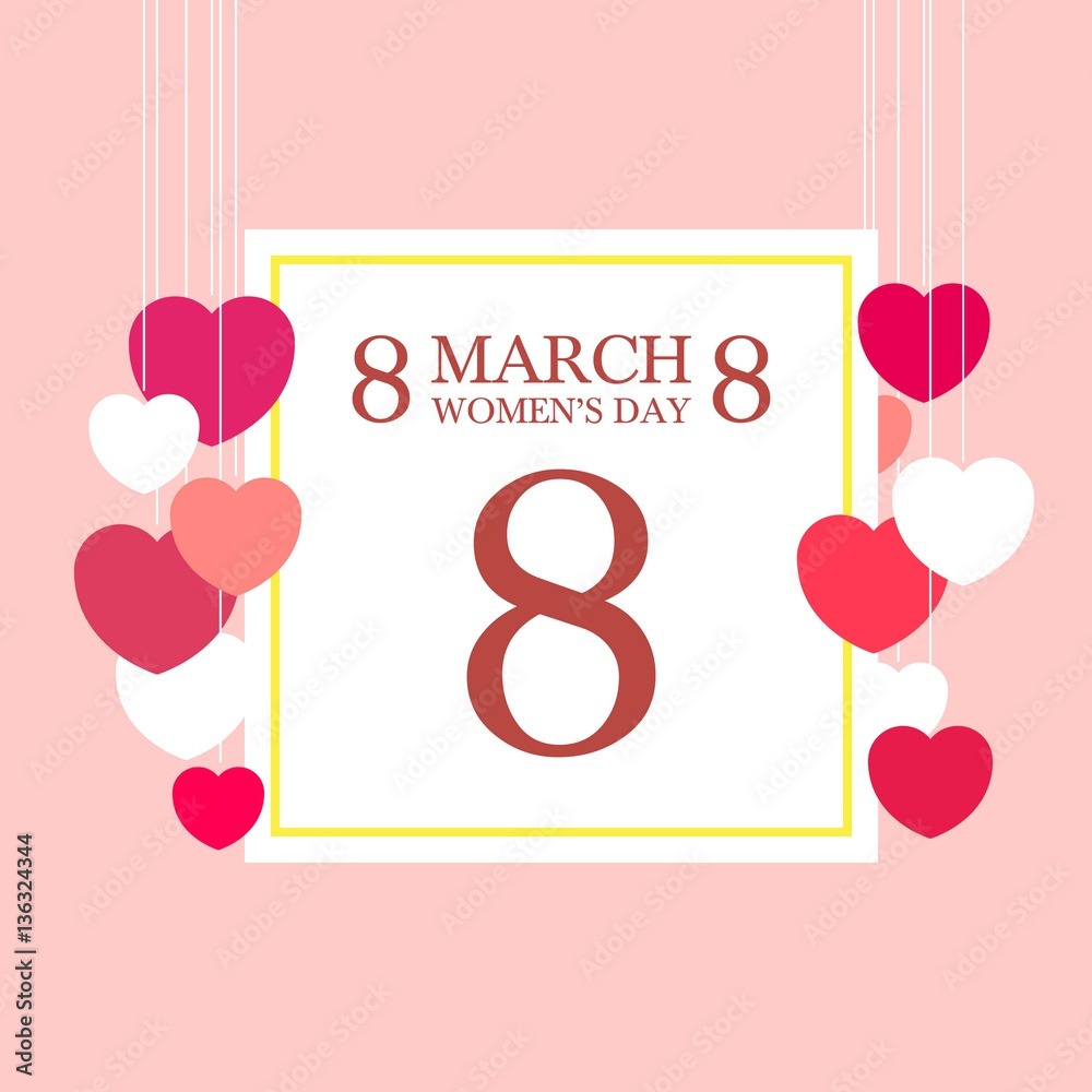 vectror illustration with March 8 Womens Day greeting card and hearts on pink background