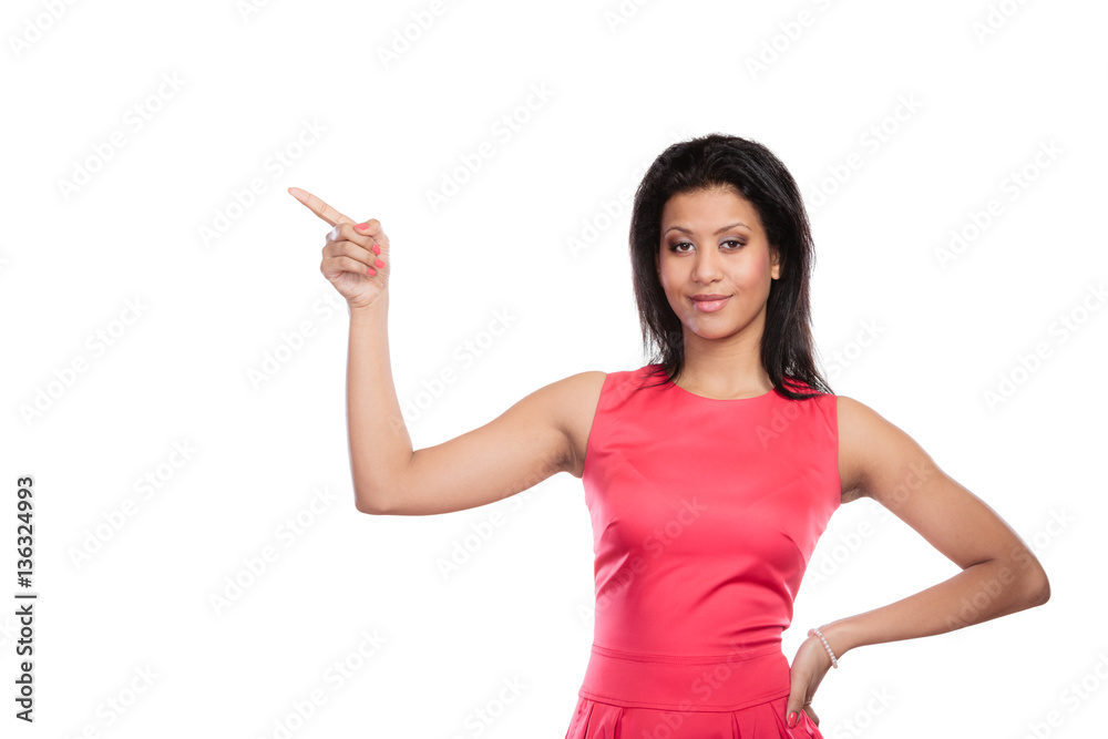 Pretty woman pointing at empty blank copy space. Pretty woman pointing at empty blank copy space.